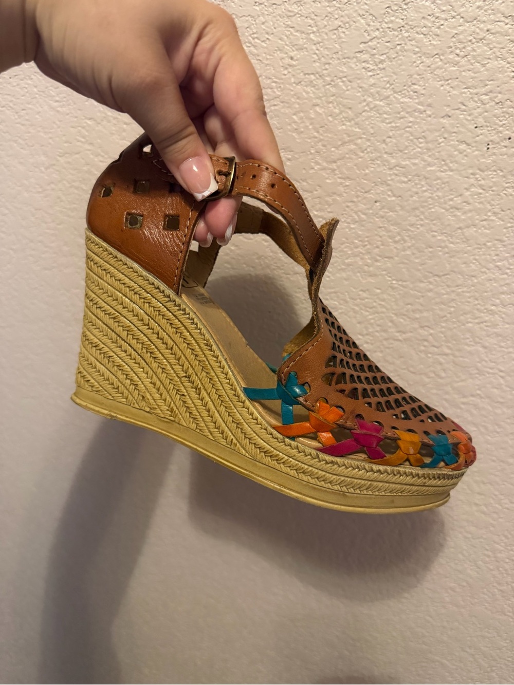 Woven Leather Espadrille Wedge Sandal - Brown